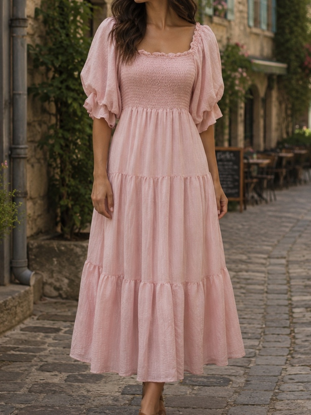 &Merci Smocked Puff-Sleeve Midi Dress in Blush Pink